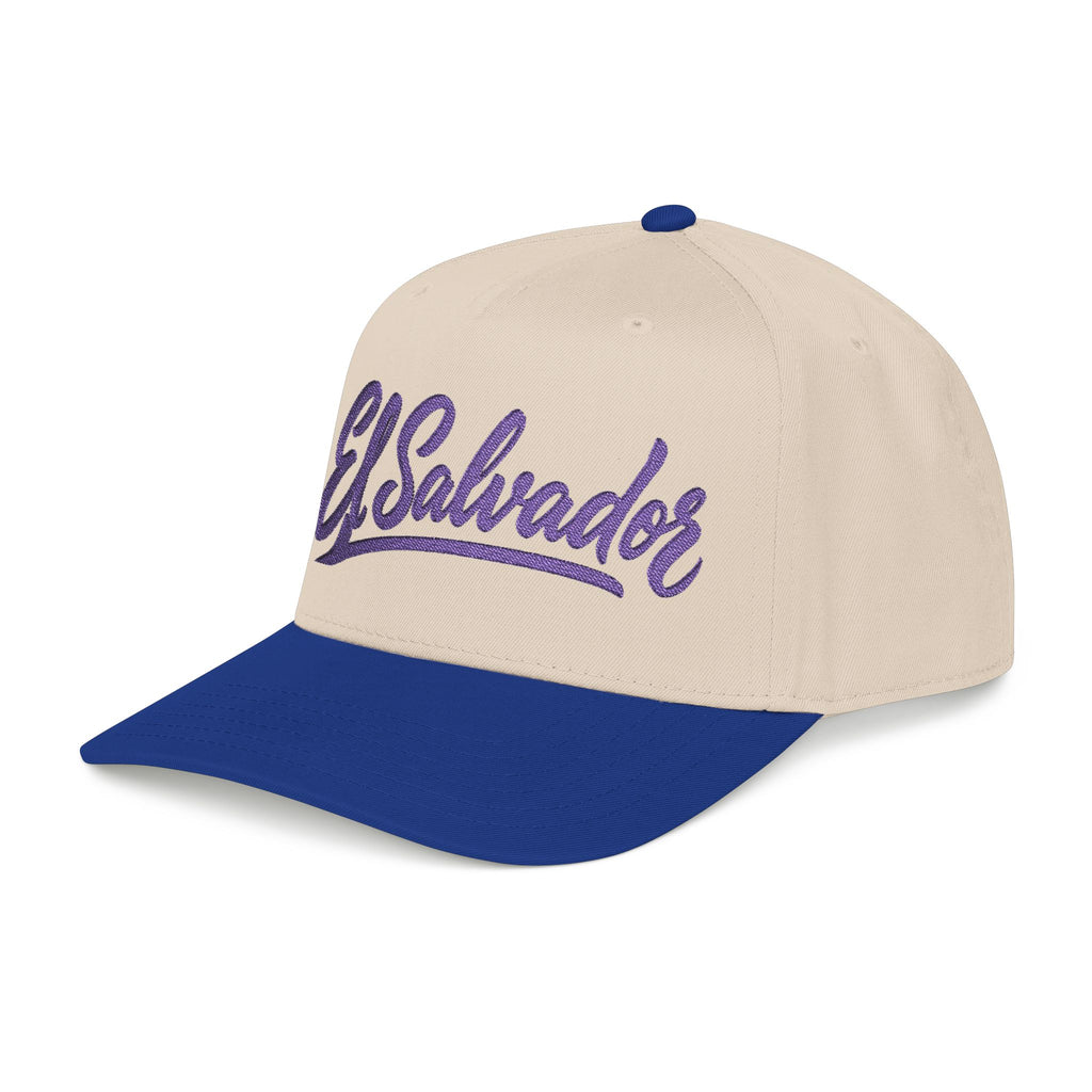 Gorra El Salvador Bordada | Cachucha Trucker Beige y Azul Salvadoreña
