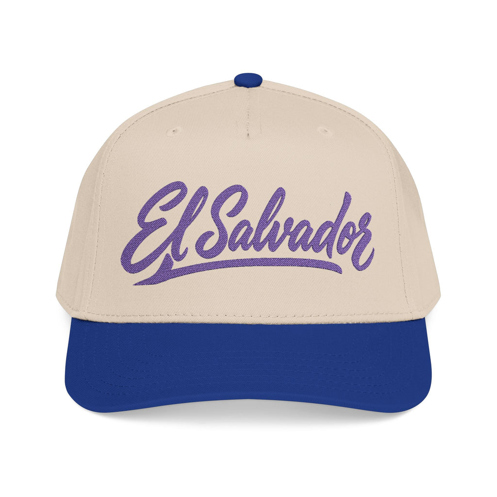 Gorra El Salvador Bordada | Cachucha Trucker Beige y Azul Salvadoreña